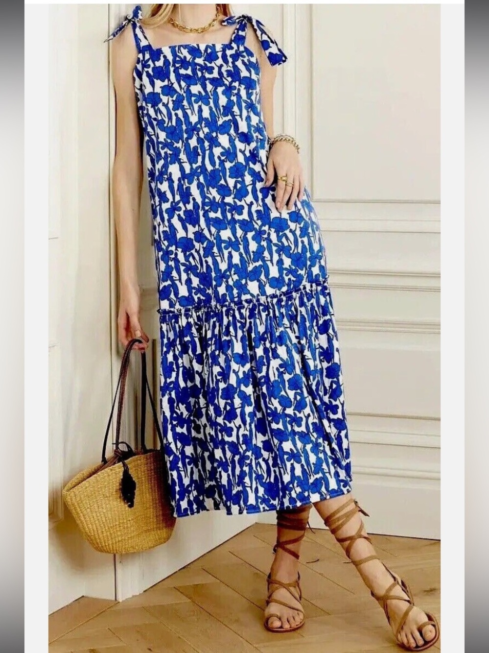 New Tory Burch Drop Waist Tie Shoulder Hibiscus Print Blue White Midi Dress S